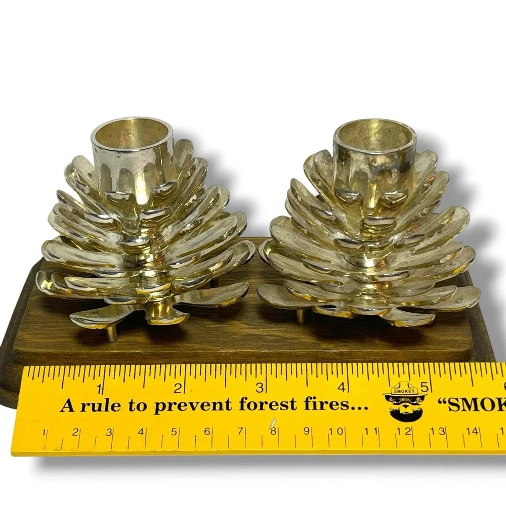 2pc Silver Plated Pine Cone Candle Stick Holders - Tarnished